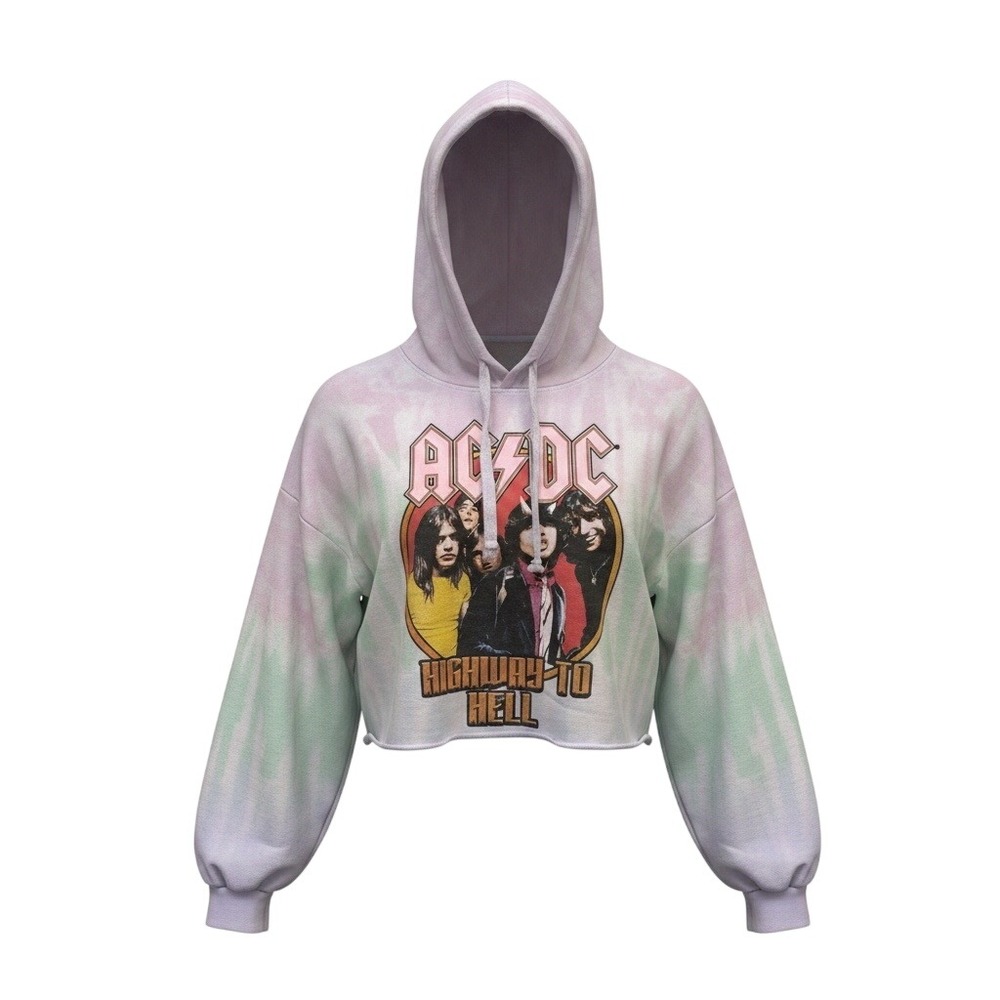 AC/DC‎ Highway To Hell Pastel Tie Dye Cropped Hoodie Graphic Band Sweatshirt L